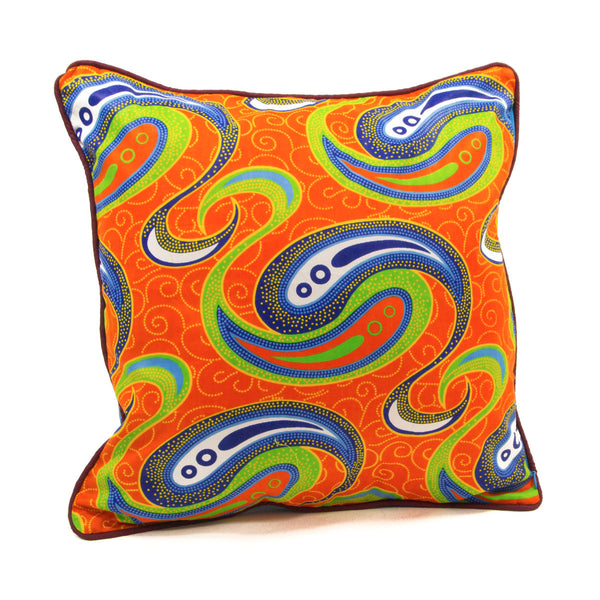 Coussin wax orange arabesques bleus thotmea