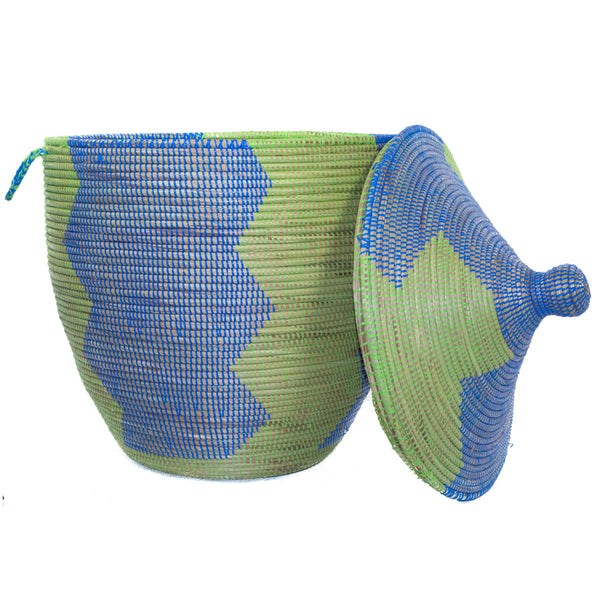 Panier à linge africain bleu et vert zigzag