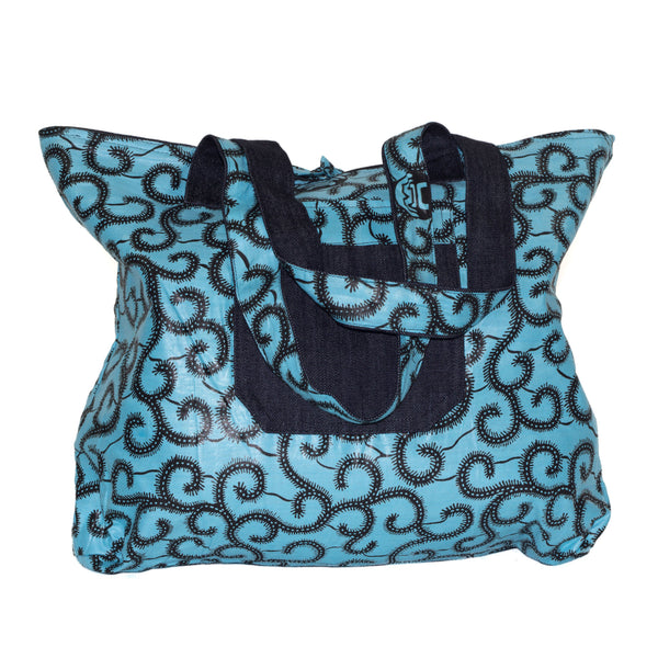 Sac cabas bazin bleu ciel réversible jean