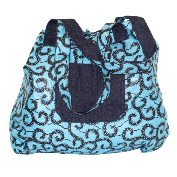 Sac cabas bazin bleu ciel réversible jean