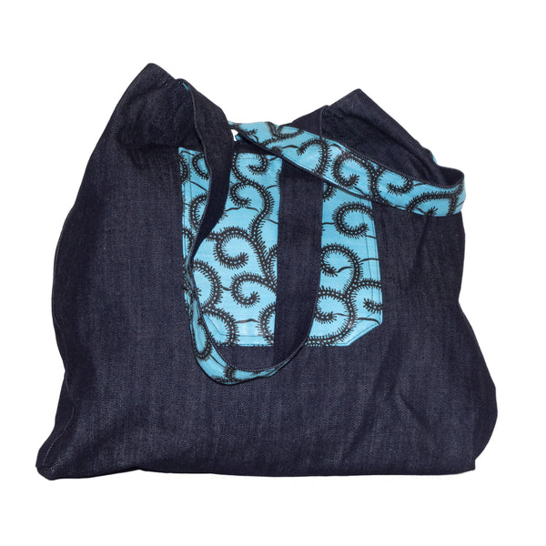 Sac cabas bazin bleu ciel réversible jean