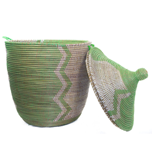 Panier à linge africain vert anis et blanc zigzag
