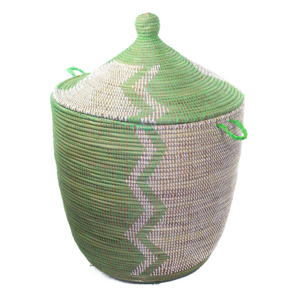 Panier à linge africain vert anis et blanc zigzag